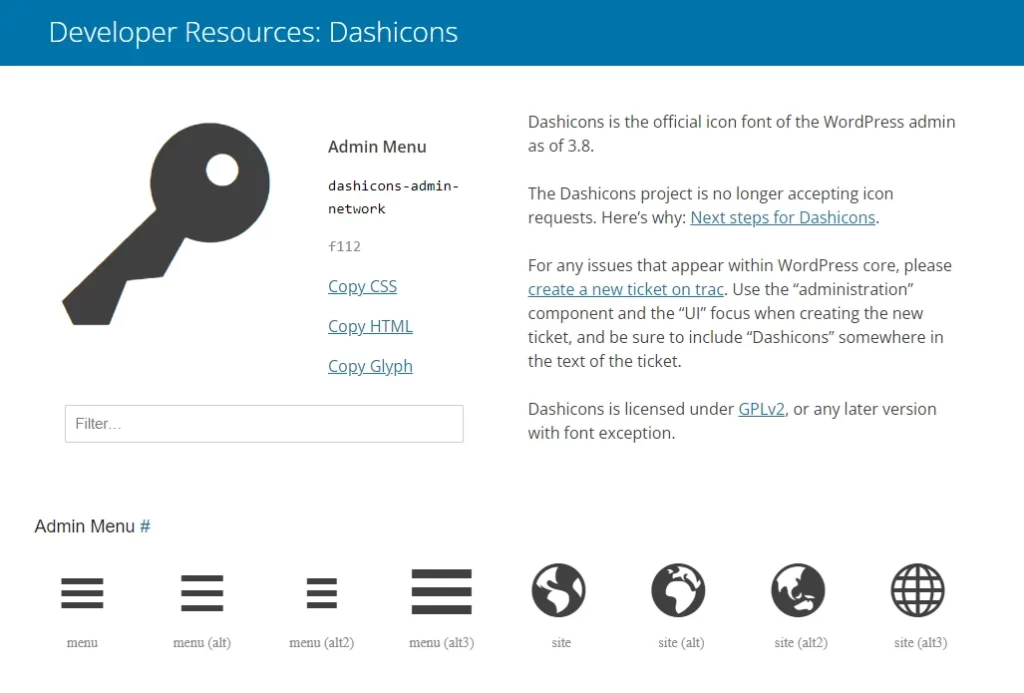 Searching WordPress Dashicons